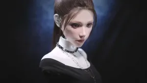 国产机器人Origin F1正面特写，女性外观，面部皮肤细腻，呈现自然微表情，工作人员正在为其面部化妆