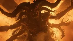 《暗黑破坏神4:憎恨之王》DLC官方宣传图,画面中央为一名持剑战士立于燃烧废墟之上,背景是阴云密布的暗色调天空与隐约可见的巨型恶魔轮廓,整体风格写实、暗黑、厚重。