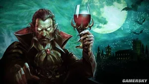 游戏《吸血鬼爬行者》的主视觉图:第一人称视角下,昏暗地牢通道中悬浮多张发光卡牌,地面有血迹与破碎石块,远处可见模糊敌人剪影和哥特风格拱门。