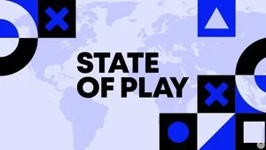 一张游戏媒体新闻配图，显示黑色背景上悬浮着蓝色发光的PlayStation Logo与'State of Play'文字，整体风格简洁科技感强