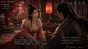 一张AI生成的中式古风ARPG游戏界面截图，显示任务名称‘西门庆的邀请’、对话选项按钮，背景有悬挂的红灯笼，灯笼上清晰可见手写体‘金瓶梅’三字