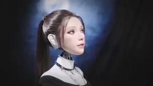 一位工作人员正为名为Origin F1的国产人形机器人面部涂抹化妆品，机器人静坐于白色背景前，面部皮肤质感细腻，表情自然，无明显机械痕迹。