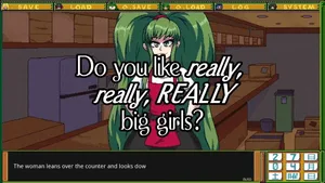 游戏《Big Beautiful Women: Giantess Dating Action》的像素风格宣传图,画面中央为一位身高远超建筑的棕色长发巨人女性,身穿红色运动服与白色短裙,正俯身微笑看向画面下方,背景可见低矮的现代城市建筑与蓝天。