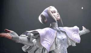 《街头霸王6》角色英格丽德的官方立绘图,身穿紫色短裙与白色长袜,手持发光权杖,面带神秘微笑,背景为蓝紫渐变光效。