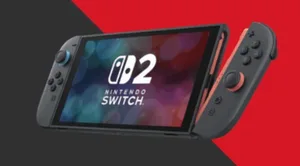 一张游戏主机宣传图,画面中央为Nintendo Switch 2主机(白色机身、可拆卸Joy-Con手柄),下方配有一辆马里奥赛车主题卡丁车模型及‘Mario Kart’字样,背景为蓝黄渐变色。