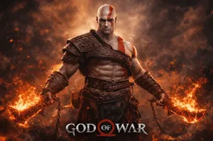 一张游戏资讯配图,左侧为《战神》系列标志性红色‘God of War’英文标题,右侧是三张并列的黑色背景游戏封面缩略图,分别标注‘KRATOS’‘II’‘III’,整体风格简洁硬朗,无实机画面或人物形象。