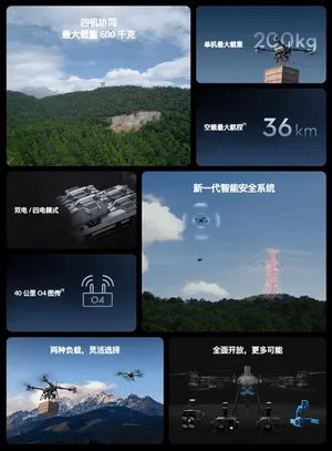 大疆FlyCart 200无人机在户外空旷场地悬停作业，机身呈灰黑色，配备6轴12桨共轴双旋翼结构，下方悬挂标准防水货箱，背景可见远山与晴朗天空。