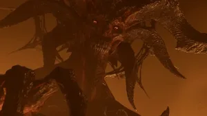 《暗黑破坏神4:憎恨之王》扩展包封面图,画面中央为持剑的圣骑士与施法的术士并肩而立,背景是暗色调的破碎王座与燃烧的符文,标题文字‘Diablo IV: The Lord of Hatred’位于上方