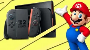 一张游戏主机宣传图,画面中央为Nintendo Switch 2主机(白色机身、可拆卸 Joy-Con 手柄),下方配有一辆红色马里奥赛车模型和‘Mario Kart’字样,背景为浅色渐变