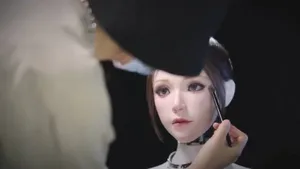 Origin F1机器人特写，女性外观，面部皮肤细腻，正呈现自然微笑微表情，背景为简洁室内环境