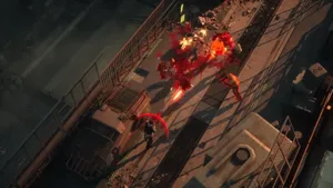 《RUINER 2》游戏画面截图:一名身穿黑色高领战斗服、佩戴发光义眼的赛博格主角持双枪在霓虹闪烁的雨夜都市街道中奔跑,背景为巨型全息广告牌与摩天楼群,整体呈现冷色调赛博朋克风格。