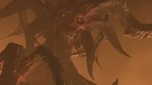 《暗黑破坏神4:憎恨之王》预告片截图,画面中一名身穿暗色铠甲的战士高举发光长剑,背景为燃烧的废墟与紫色风暴天空,远处隐约可见巨型恶魔轮廓