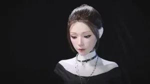 一位工作人员正为名为Origin F1的国产人形机器人进行面部化妆，机器人静坐于镜前，面部皮肤细腻，表情自然，呈现高度拟人化外观。