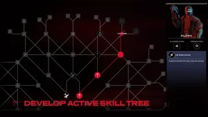 《RUINER 2》游戏画面截图:一名身穿黑色高领战术服、佩戴发光义眼的赛博朋克风格主角,手持双枪在霓虹闪烁的雨夜都市街道中奔跑,背景为巨幅全息广告与摩天楼群。