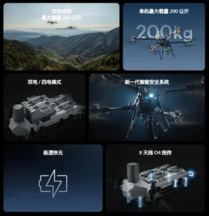 大疆FC200无人机在户外空旷场地悬停作业，机身呈灰黑色，配备共轴双旋翼结构和下方吊运货箱，背景可见远山与晴朗天空。