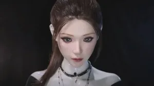 一位工作人员正为名为Origin F1的国产人形机器人进行面部化妆，机器人呈坐姿，面部皮肤细腻，表情自然，背景为简洁的室内拍摄环境。