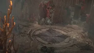 《暗黑破坏神4:憎恨之王》官方预告片截图,画面中一名身着暗色铠甲的战士持剑站立于焦黑废墟之上,背景为燃烧的天空与巨型扭曲恶魔剪影,远处可见破碎的圣殿轮廓。