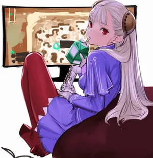 《街头霸王6》角色英格丽德的官方立绘图,身穿蓝白相间复古风格服饰,手持发光音叉状道具,面带神秘微笑,背景为简约深色渐变