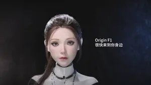 一位工作人员正在为名为Origin F1的国产人形机器人面部化妆，机器人呈坐姿，面部皮肤细腻，表情自然，背景为简洁的室内工作环境。