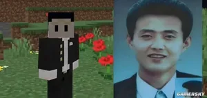 一张《我的世界》游戏截图,显示玩家角色站在沙漠神殿旁,神殿结构完整,周围为沙地与少量仙人掌,画面中无人物互动或破坏行为。