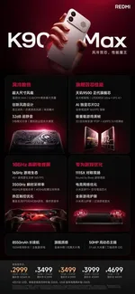 REDMI K90 Max手机正面特写,显示6.83英寸大屏,屏幕点亮呈现高亮游戏界面,机身采用哑光黑色直角边框设计,底部可见USB-C接口。